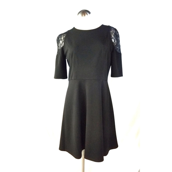London Times Size 10 Black A-Line Dress Lace Shoulders - Picture 1 of 6